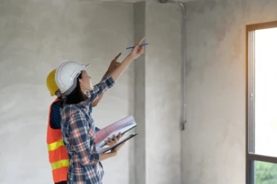 alt= A construction worker in a hard hat and safety vest, inspecting a wall for mold testing in a building under construction.