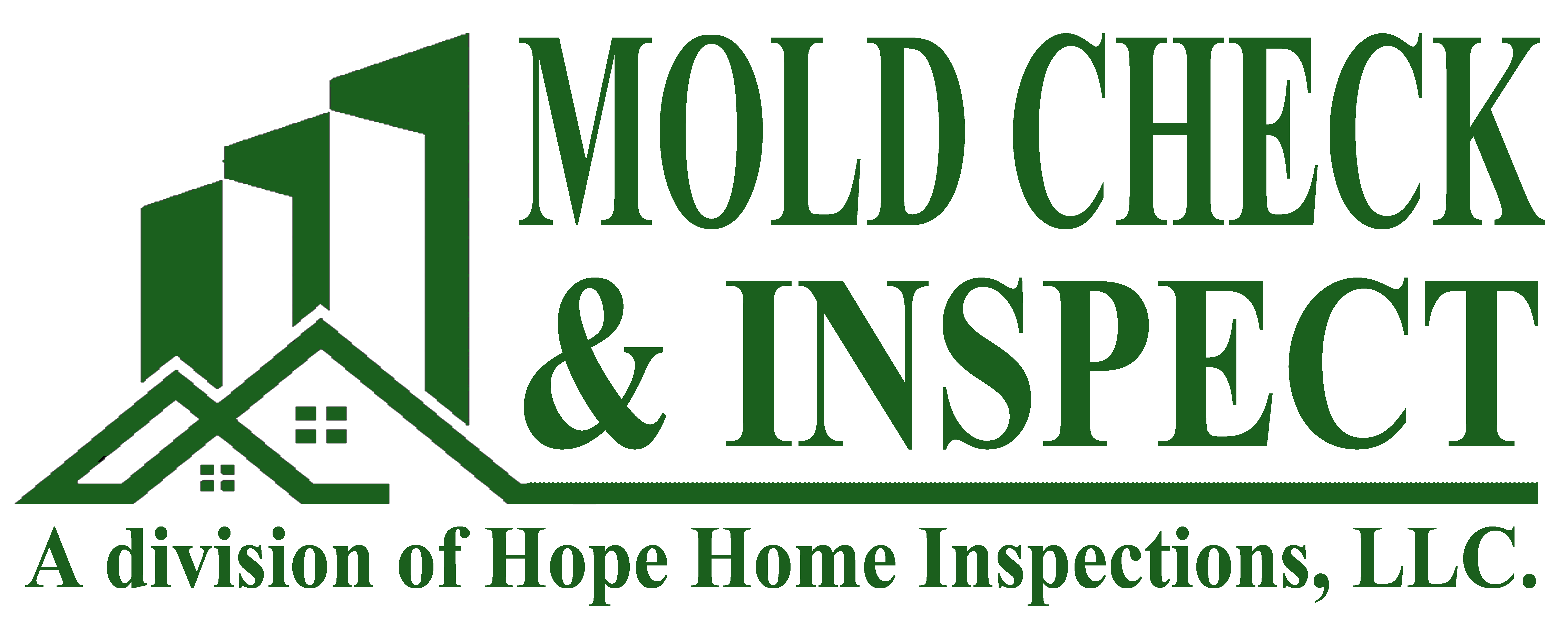Logo for Mold Check and Inspect: Silhouette of a home and office buildings, symbolizing comprehensive mold inspection for residential and commercial properties.