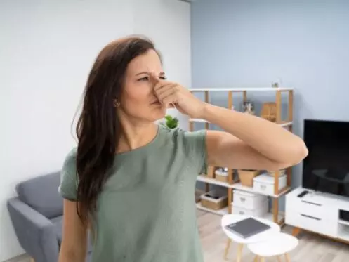 "Image: A woman holding her nose, indicating a need for mold testing in her home. Her gesture suggests concern about potential mold issues, highlighting the importance of proactive testing for a healthy living environment."